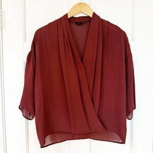 Aritzia Babaton Academy Burgundy 100% Silk Button Up Long Sleeve Blouse | Size M